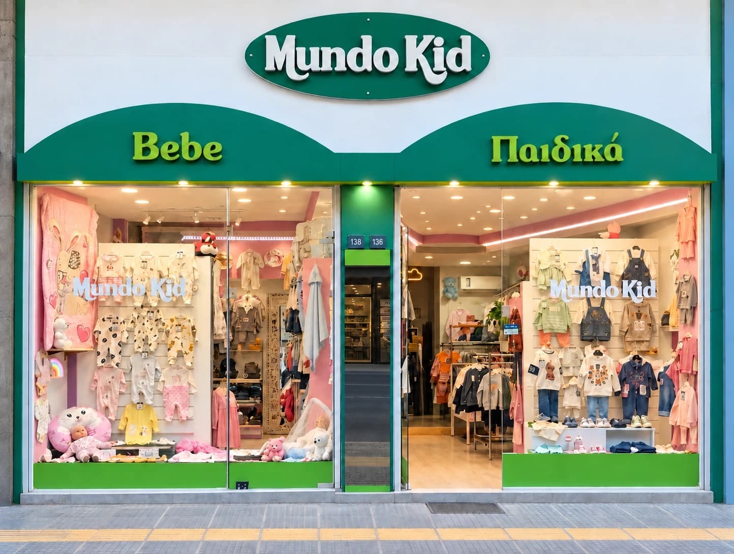 Η πρόσοψη του Mundo Kid στην Κ. Καρτάλη 138, Βόλος: πράσινη πινακίδα και δύο βιτρίνες, «Bebe» και «Παιδικά»